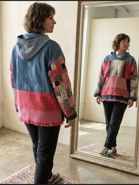Upcycled Denim Quilt Blanket Patch Hoodie XL-1X Handmade Dont Throw It Out